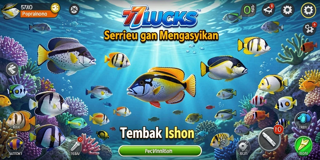 Tampilan gameplay menarik dalam 77LUCKS dengan berbagai ikan yang menunggu untuk ditembak.