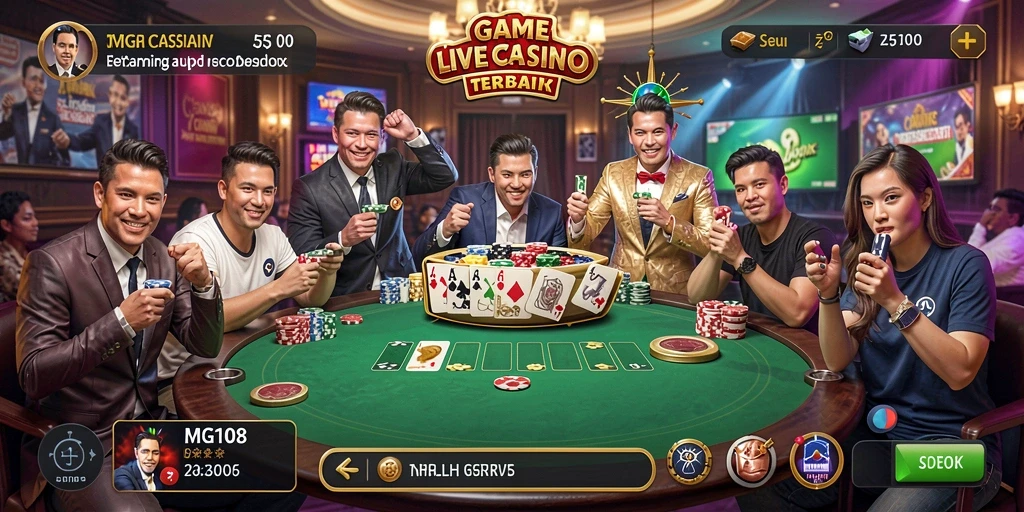 Screenshot gameplay MG108 yang menampilkan dealer dan pemain dalam suasana Live Casino.