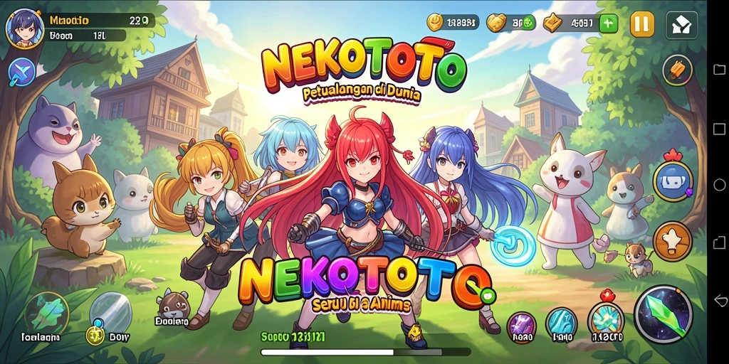 Screenshot gameplay NEKOTOTO yang menampilkan karakter anime keren.