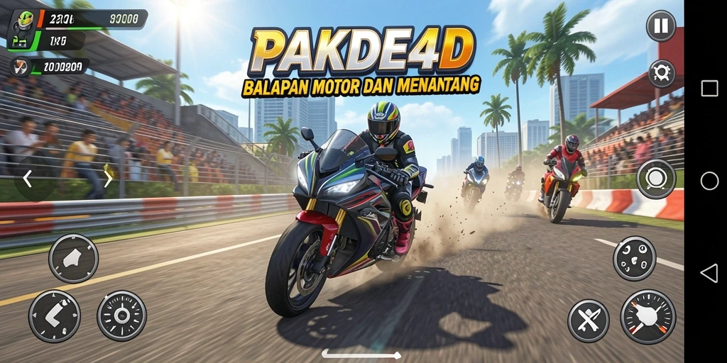 Screenshot gameplay PAKDE4D menampilkan aksi balapan motor yang mendebarkan.