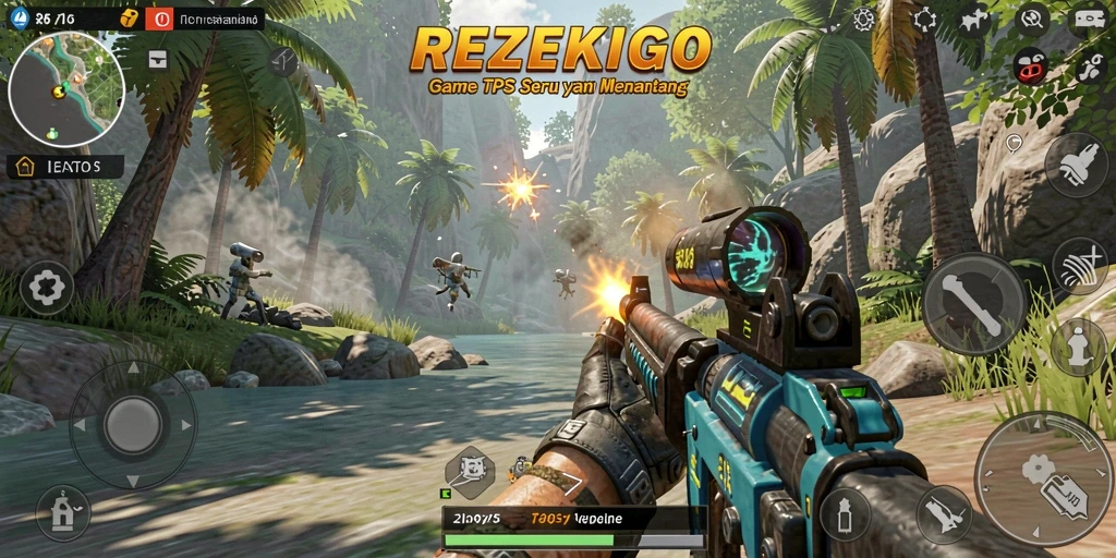 Tampilan gameplay seru dari REZEKIGO dengan aksi tembak-menembak yang intens.