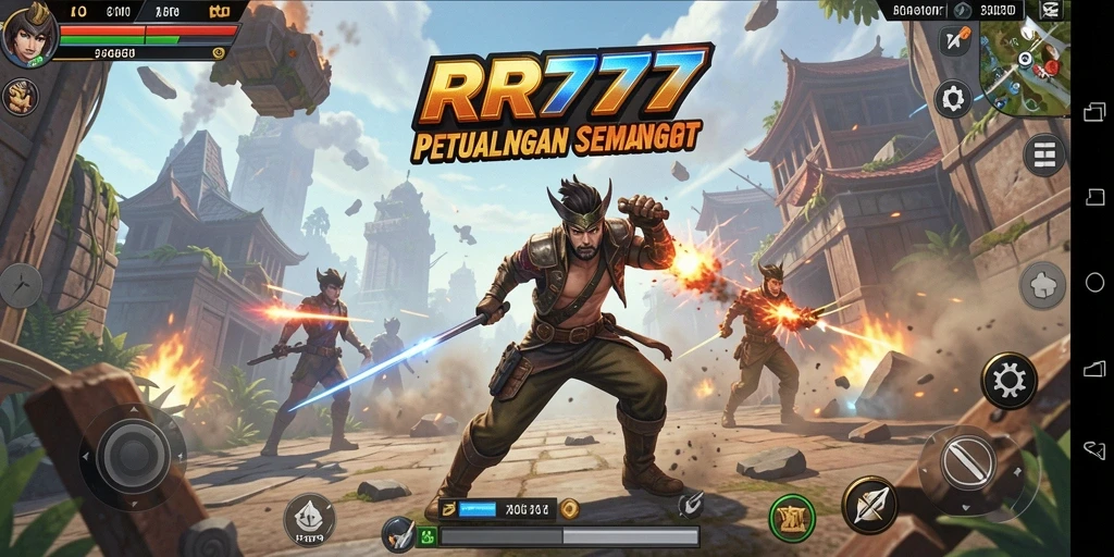 Screenshot utama RR777 menampilkan aksi bertarung yang menegangkan dalam dunia fantasi.