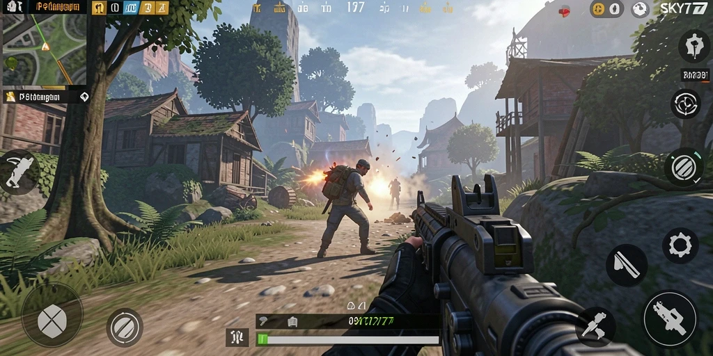 Tangkapan layar gameplay SKY77 yang menampilkan pertempuran intens.
