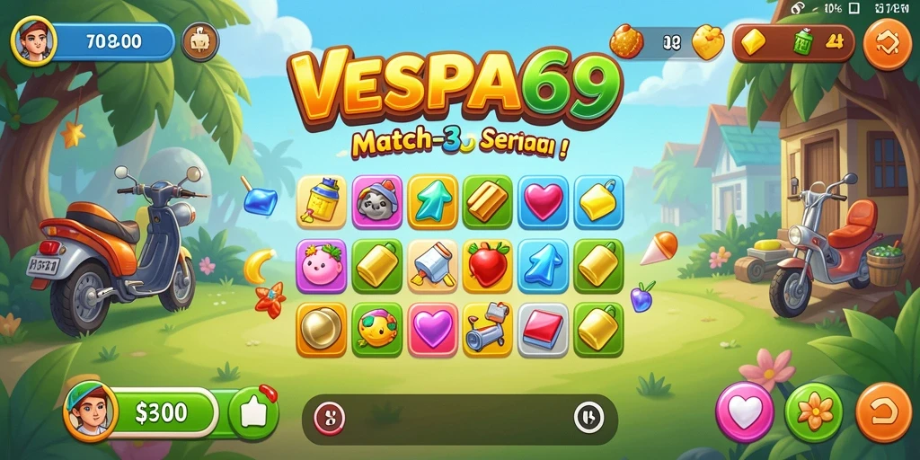 Tampilan gameplay Match-3 VESPA69 yang seru dan menarik.