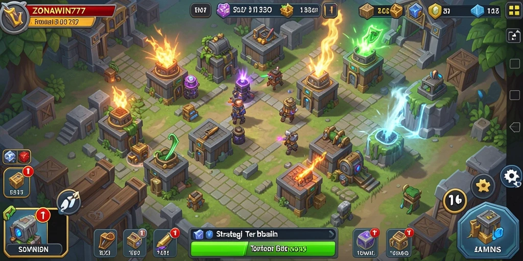 Tampilan gameplay ZONAWIN777 yang menarik dengan menara dan musuh.